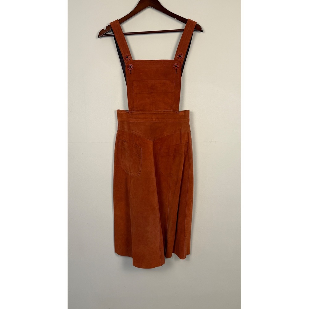 Opera Vintage Suede Pinafore Dress Rust Orange Midi Overall Bib Front Size 9/10